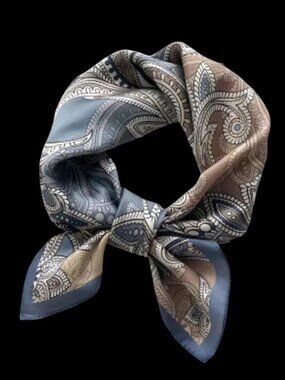BLUES & TAUPE Paisley Poly-Silk 27” Square SCARF ORNAMENTS Ranch Dun Right NEW